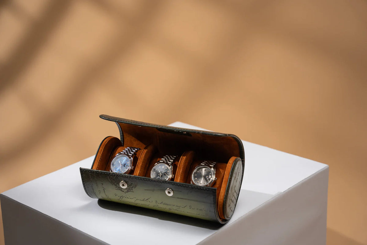 Pudełko na Zegarki - Galata Pergamin Platynowe Oliwkowo Zielone-3-Organizer-Zegarki-Studio